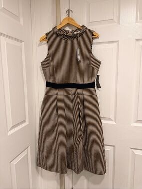 New York & Company Beige and Black Striped Sleeveless Fit-and-Flare Dress